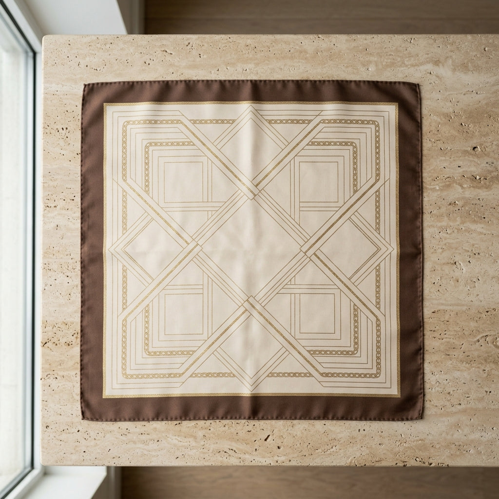 The Parisian Monogram Mulberry Silk Square Scarf – Warm Mocha Espresso, Champagne Cream & Gold Chain Trim