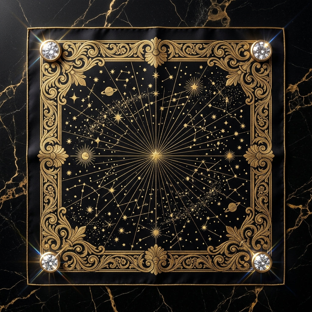 Midnight Galaxy 24K Gold Metallic Thread & Natural Diamond Mulberry Silk Square Scarf – Haute Couture Collector Edition