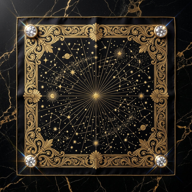 Midnight Galaxy 24K Gold Metallic Thread & Natural Diamond Mulberry Silk Square Scarf – Haute Couture Collector Edition