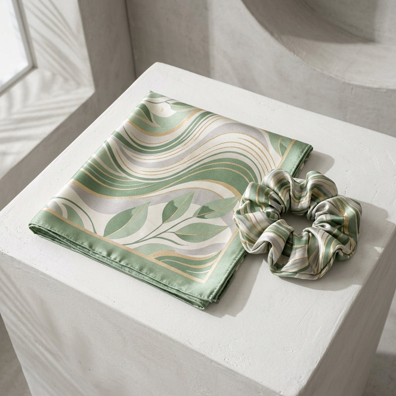 Sage Eucalyptus Bauhaus Silk Square Scarf & Matching Silk Scrunchie 2-Piece Contemporary Luxury Gift Set