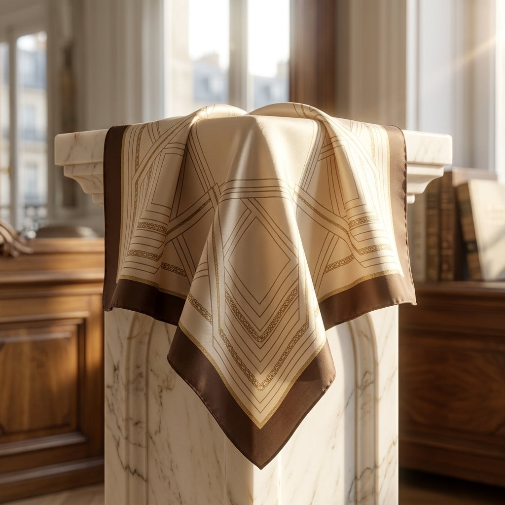 The Parisian Monogram Mulberry Silk Square Scarf – Warm Mocha Espresso, Champagne Cream & Gold Chain Trim
