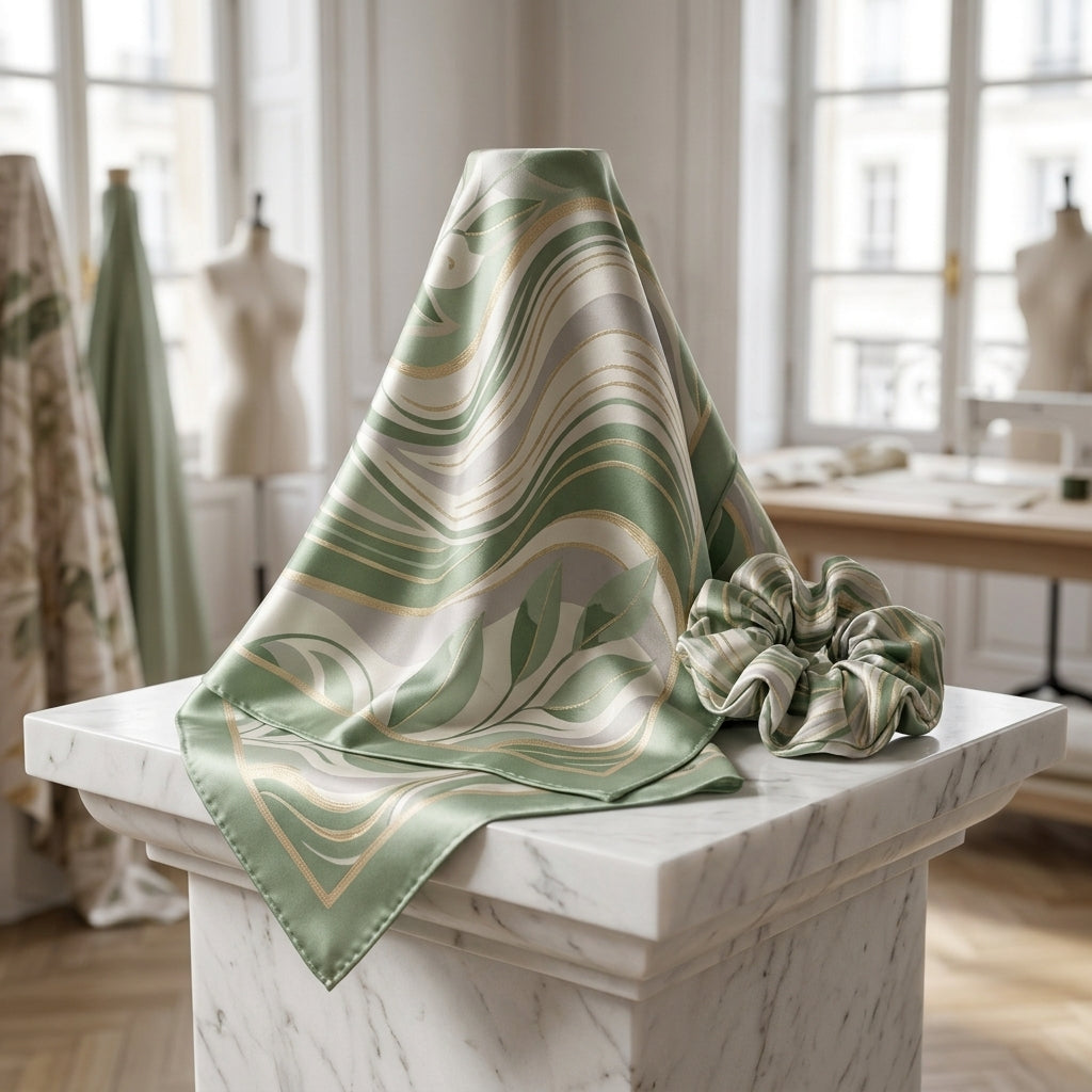Sage Eucalyptus Bauhaus Silk Square Scarf & Matching Silk Scrunchie 2-Piece Contemporary Luxury Gift Set