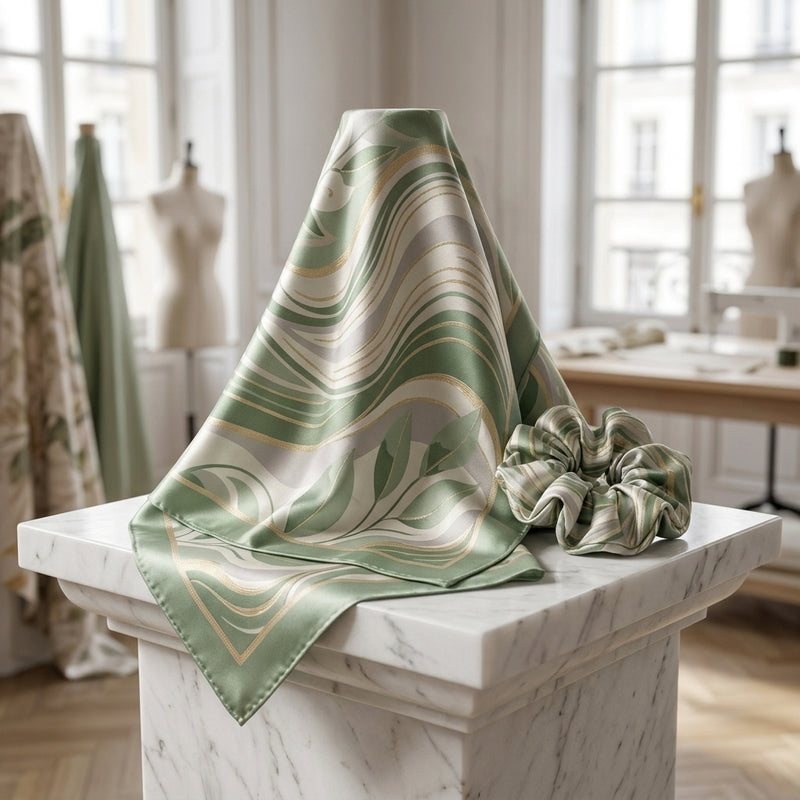Sage Eucalyptus Bauhaus Silk Square Scarf & Matching Silk Scrunchie 2-Piece Contemporary Luxury Gift Set