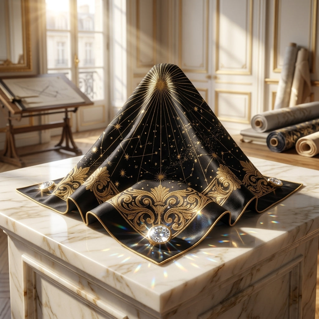 Midnight Galaxy 24K Gold Metallic Thread & Natural Diamond Mulberry Silk Square Scarf – Haute Couture Collector Edition