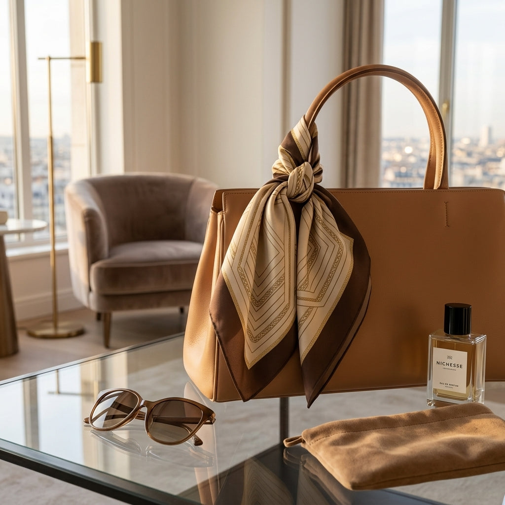 The Parisian Monogram Mulberry Silk Square Scarf – Warm Mocha Espresso, Champagne Cream & Gold Chain Trim